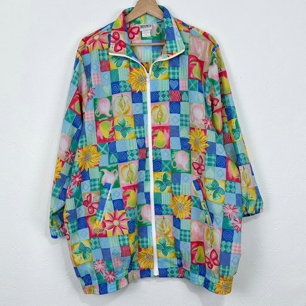 Vintage Women Grandma Kitsch Maximalist Patchwork Motif Windbreaker Sz 1X Nylon